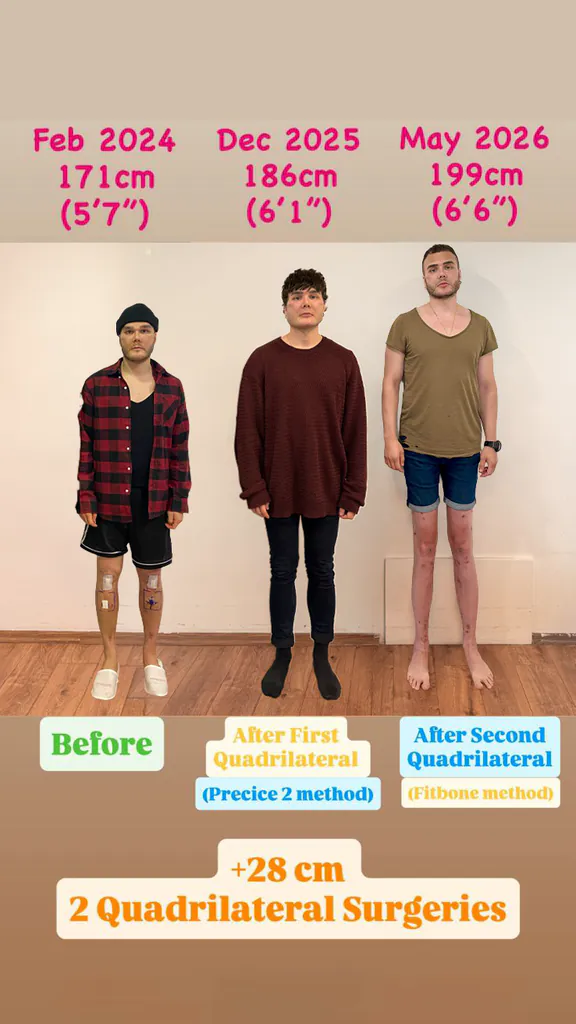 Patient before and after limb lengthening: 171 cm to 199 cm, +28 cm with two quadrilateral procedures.