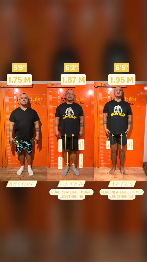 Patient before and after limb lengthening: 175 cm to 195 cm, +20 cm with quadrilateral hybrid then quadrilateral and femur lengthening.