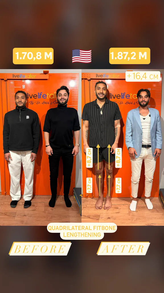 Patient before and after limb lengthening: 170.8 cm to 187.2 cm, +16.4 cm with quadrilateral Fitbone lengthening.
