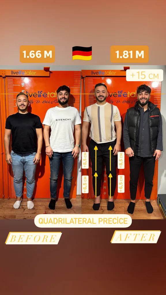 Patient before and after limb lengthening: 166 cm to 181 cm, +15 cm with quadrilateral Precice.
