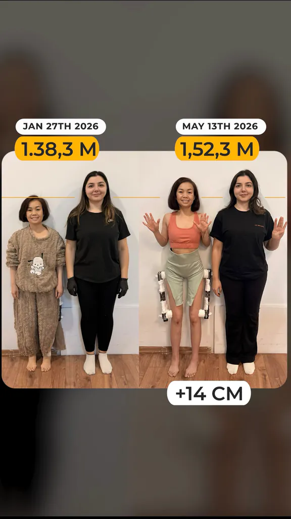 Patient before and after limb lengthening: 138.3 cm to 152.3 cm, +14 cm.