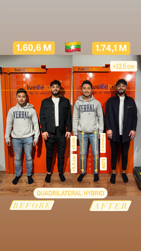 Patient before and after limb lengthening: 160.6 cm to 174.1 cm, +13.5 cm with quadrilateral hybrid.