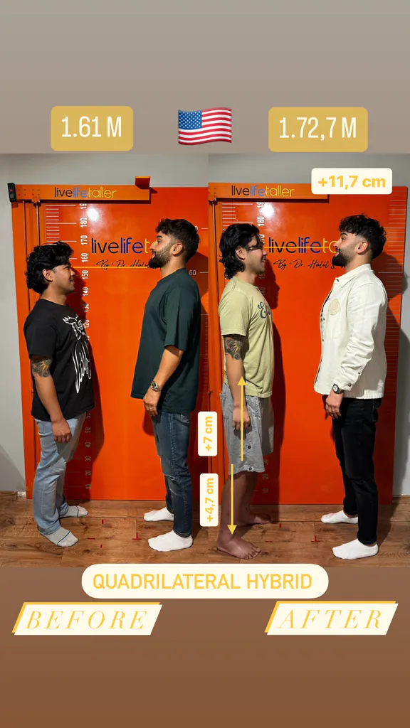 Patient before and after limb lengthening: 161 cm to 172.7 cm, +11.7 cm with quadrilateral hybrid.