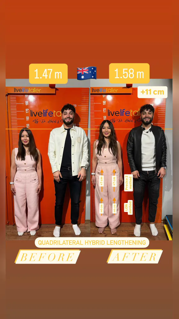 Patient before and after limb lengthening: 147 cm to 158 cm, +11 cm with quadrilateral hybrid lengthening.