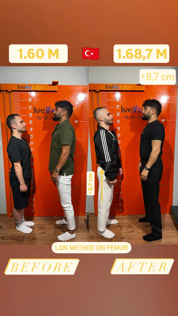 Patient before and after limb lengthening: 160 cm to 168.7 cm, +8.7 cm with the LON method on the femur.