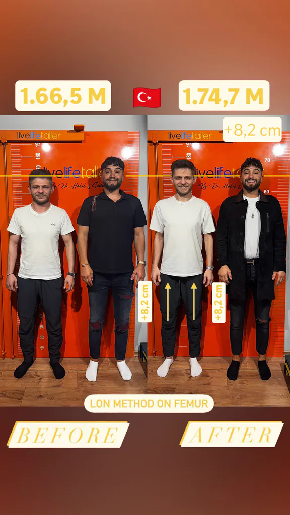 Patient before and after limb lengthening: 166.5 cm to 174.7 cm, +8.2 cm with the LON method on the femur.