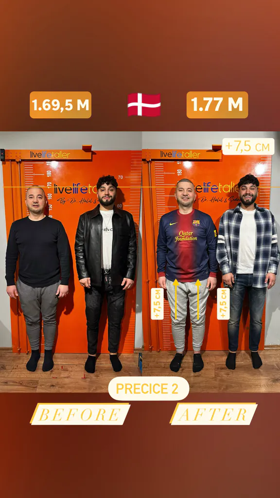 Patient before and after limb lengthening: 169.5 cm to 177 cm, +7.5 cm with Precice 2.